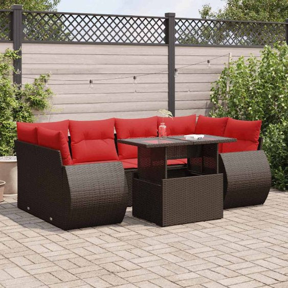 7-teiliges Gartensofa-Set mit Kissen, schwarzes Polyrattan
