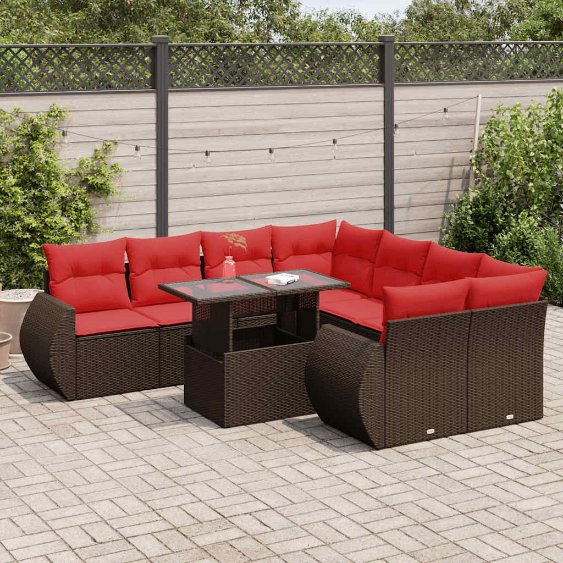 9-teiliges Gartensofa-Set mit Kissen, schwarzes Polyrattan