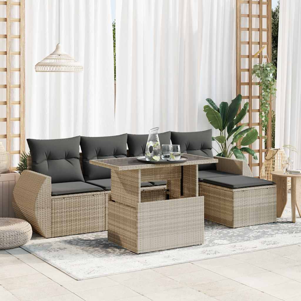 6-tlg. Garten-Sofagarnitur mit Kissen Schwarz Poly Rattan