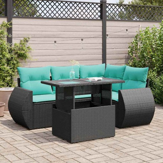 5-teiliges Gartensofa-Set mit Kissen, schwarzes Polyrattan