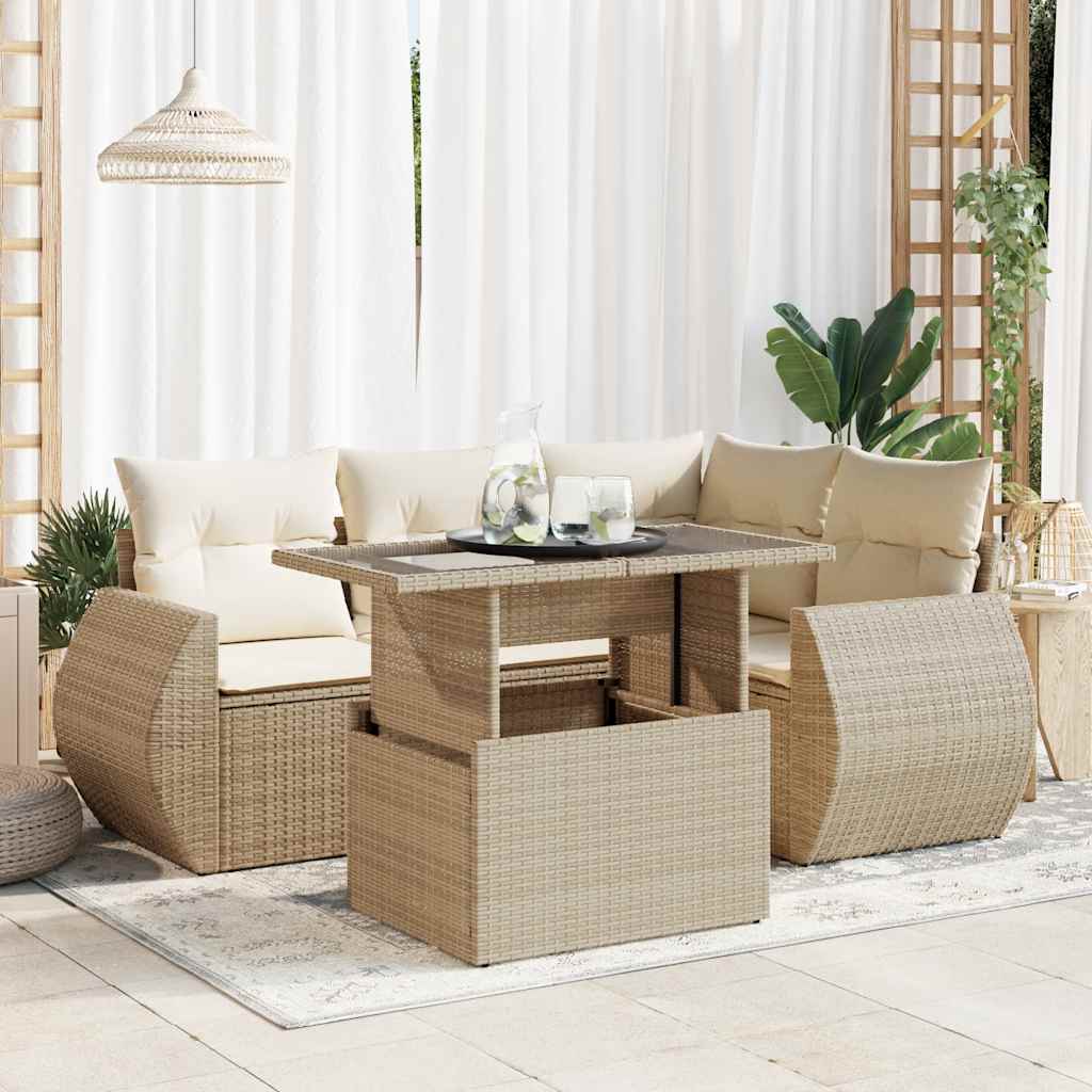 5-tlg. Garten-Sofagarnitur mit Kissen Schwarz Poly Rattan