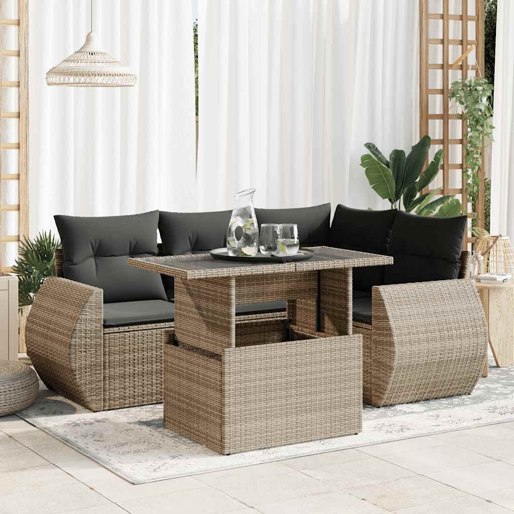 5-tlg. Garten-Sofagarnitur mit Kissen Schwarz Poly Rattan