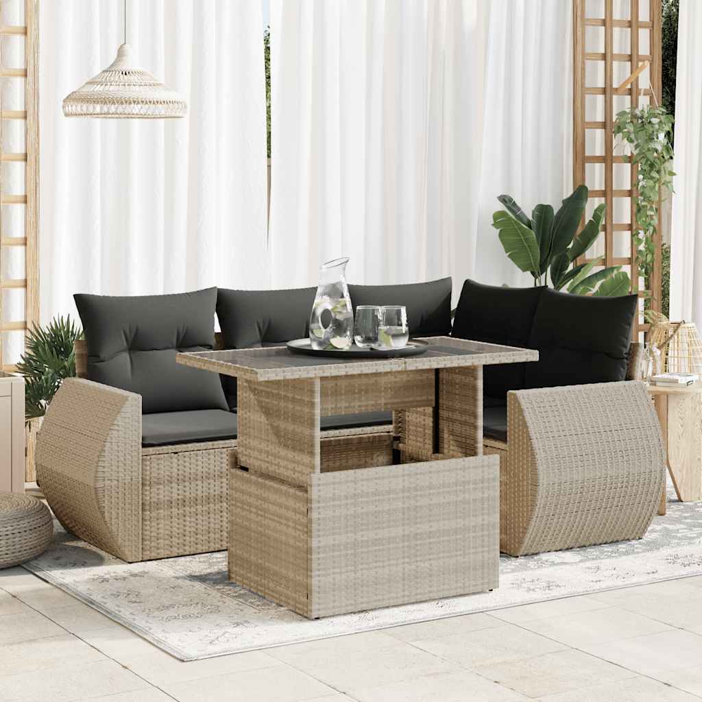5-tlg. Garten-Sofagarnitur mit Kissen Schwarz Poly Rattan