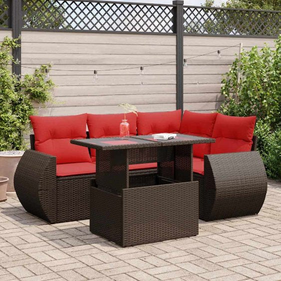 5-teiliges Gartensofa-Set mit Kissen, schwarzes Polyrattan