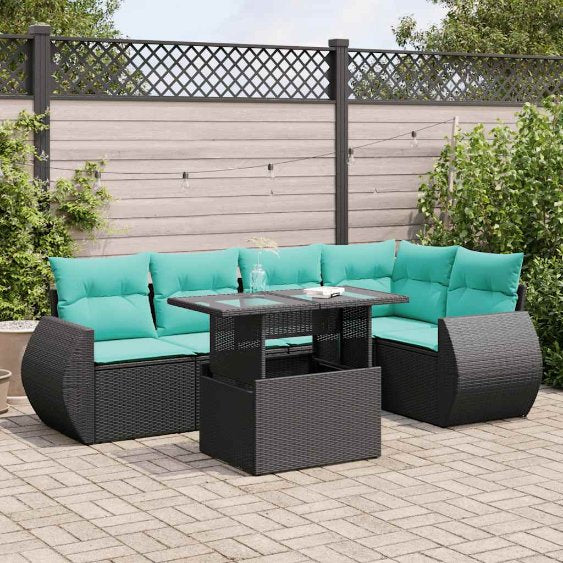 6-teiliges Gartensofa-Set mit Kissen, schwarzes Polyrattan