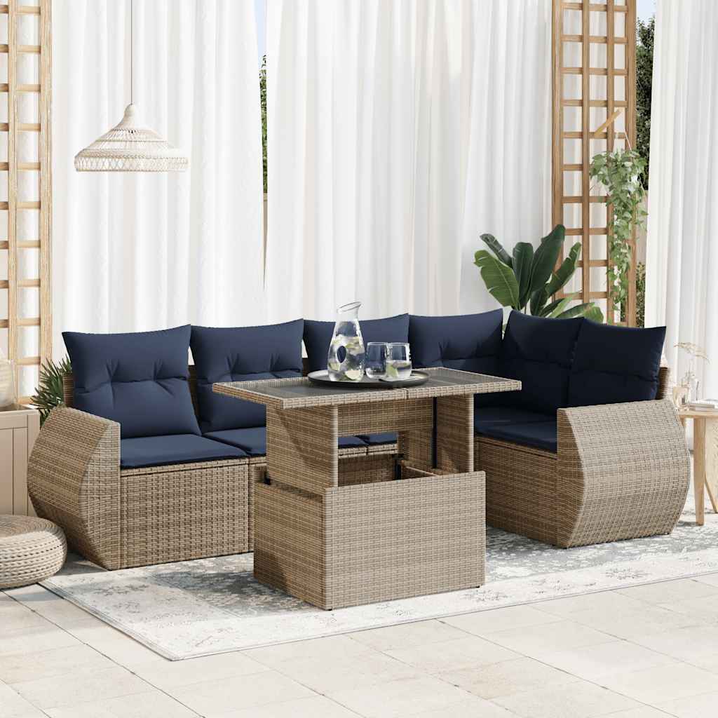 6-teiliges Gartensofa-Set mit Kissen, schwarzes Polyrattan