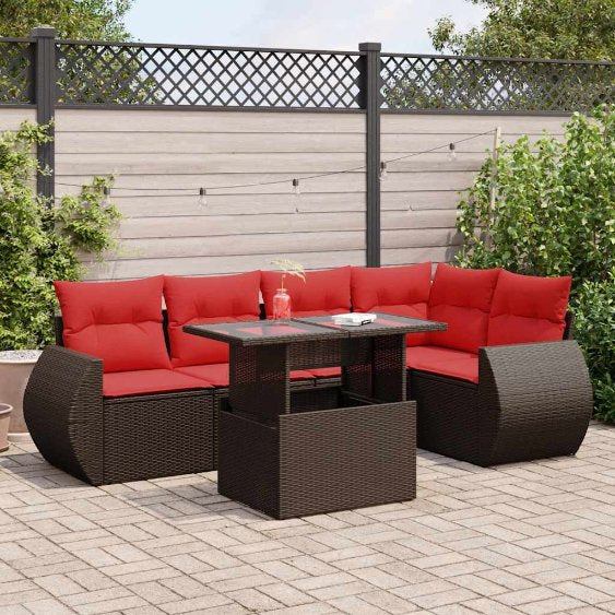 6-teiliges Gartensofa-Set mit Kissen, schwarzes Polyrattan