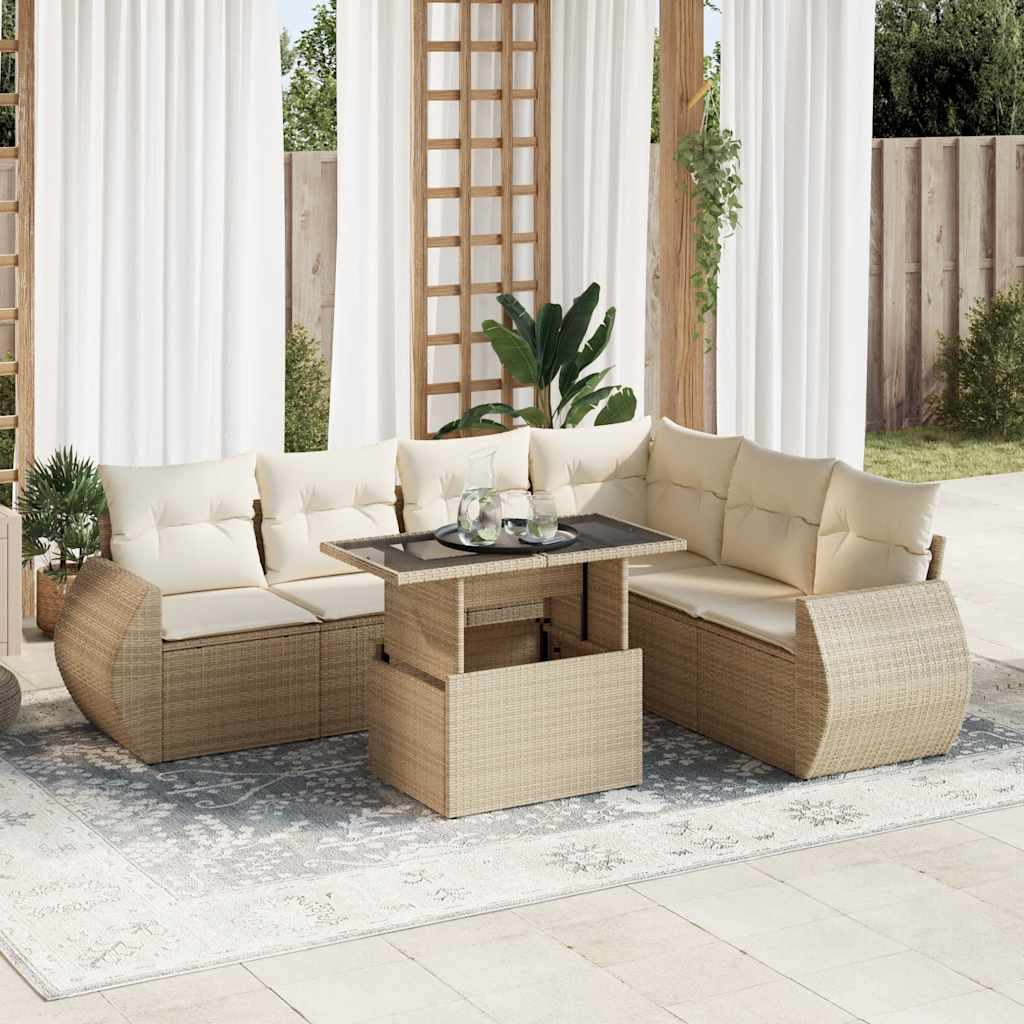 7-tlg. Garten-Sofagarnitur mit Kissen Schwarz Poly Rattan
