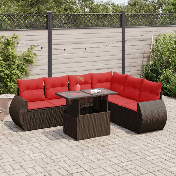 7-teiliges Gartensofa-Set mit Kissen, schwarzes Polyrattan