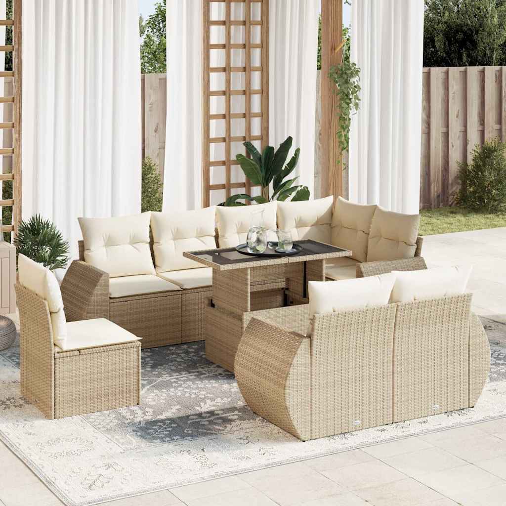 9-tlg. Garten-Sofagarnitur mit Kissen Schwarz Poly Rattan