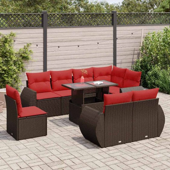 9-teiliges Gartensofa-Set mit Kissen, schwarzes Polyrattan