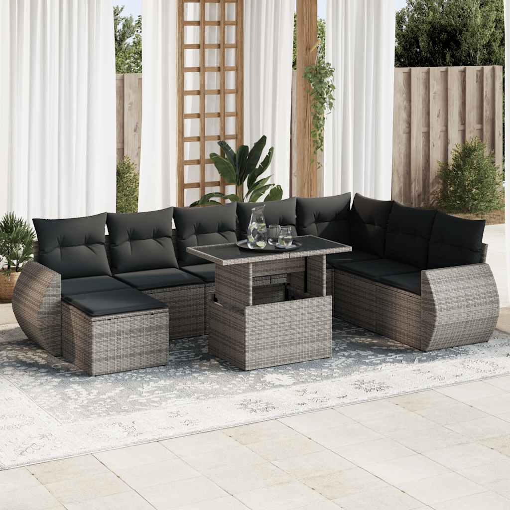 9-tlg. Garten-Sofagarnitur mit Kissen Schwarz Poly Rattan