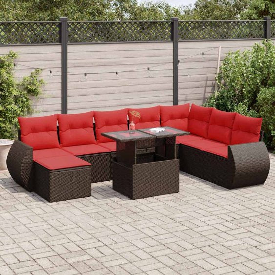 9-teiliges Gartensofa-Set mit Kissen, schwarzes Polyrattan