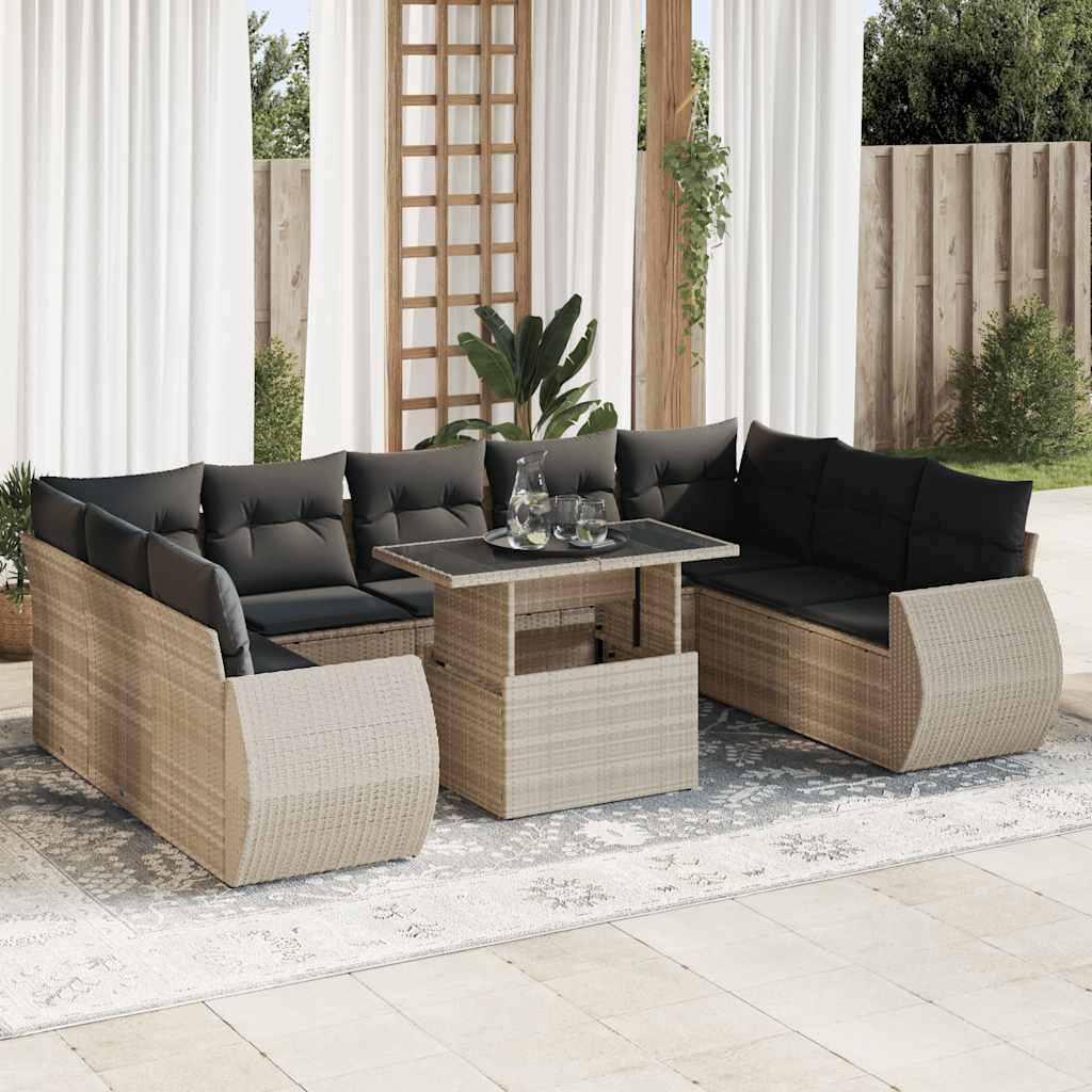 vidaXL 10-tlg. Garten-Sofagarnitur mit Kissen Schwarz Poly Rattan