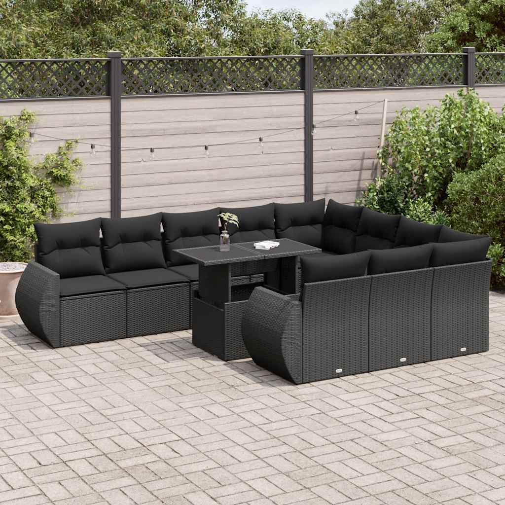 vidaXL 11-tlg. Garten-Sofagarnitur mit Kissen Schwarz Poly Rattan