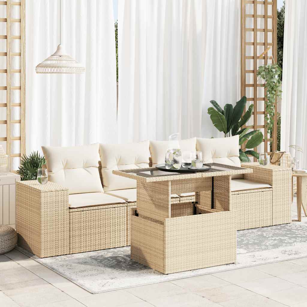 5-tlg. Garten-Sofagarnitur mit Kissen Schwarz Poly Rattan