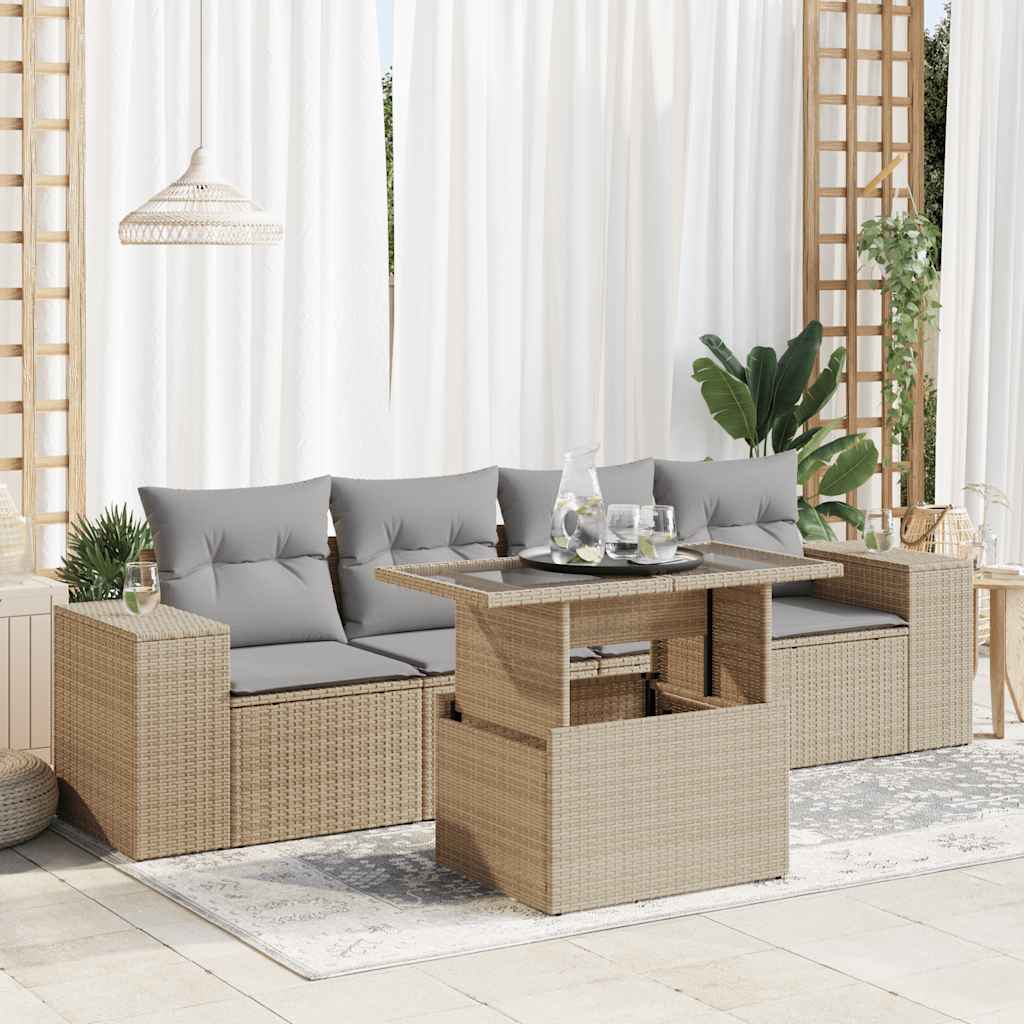 5-tlg. Garten-Sofagarnitur mit Kissen Schwarz Poly Rattan