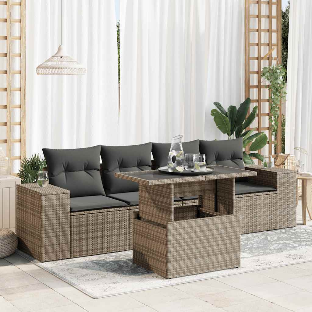 5-tlg. Garten-Sofagarnitur mit Kissen Schwarz Poly Rattan