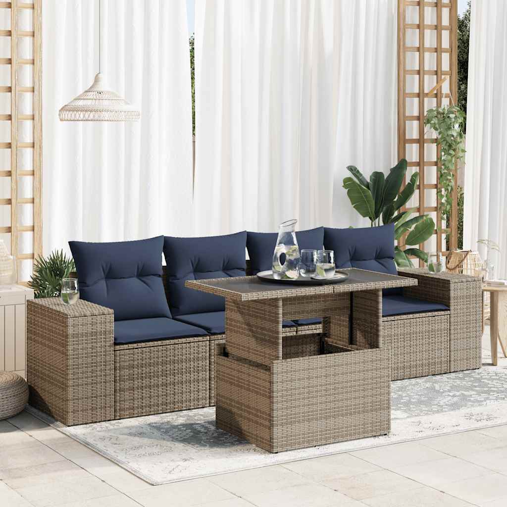 5-teiliges Gartensofa-Set mit Kissen, schwarzes Polyrattan