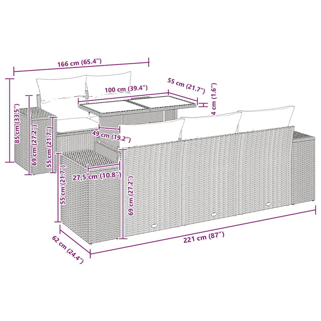 6-tlg. Garten-Sofagarnitur mit Kissen Schwarz Poly Rattan