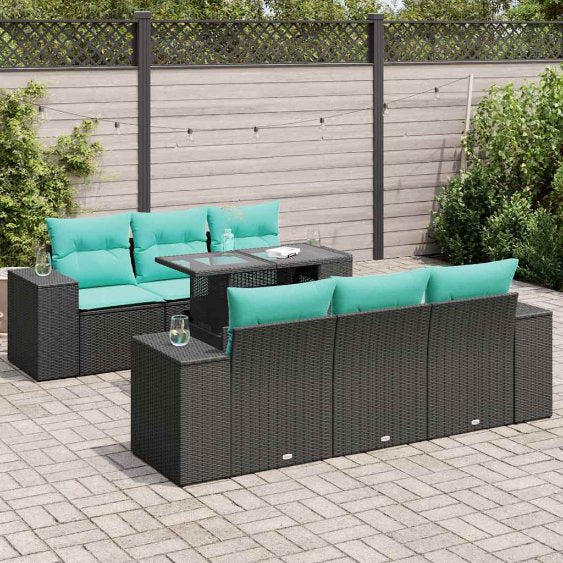 7-tlg. Garten-Sofagarnitur mit Kissen Schwarz Poly Rattan