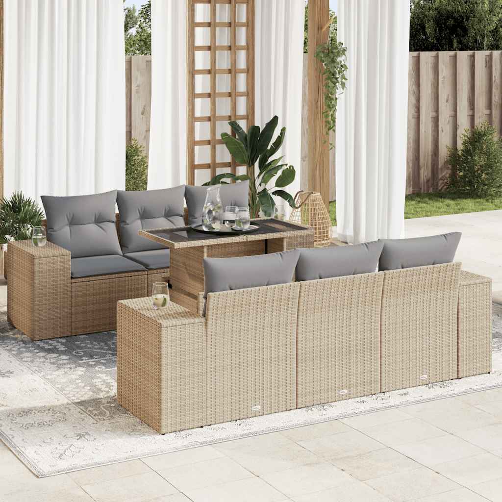 7-tlg. Garten-Sofagarnitur mit Kissen Schwarz Poly Rattan