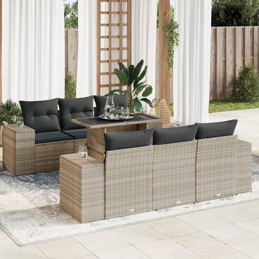 7-tlg. Garten-Sofagarnitur mit Kissen Schwarz Poly Rattan