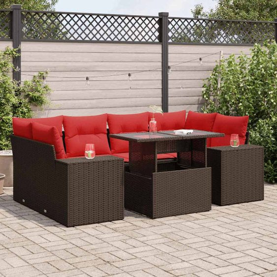 7-teiliges Gartensofa-Set mit Kissen, schwarzes Polyrattan