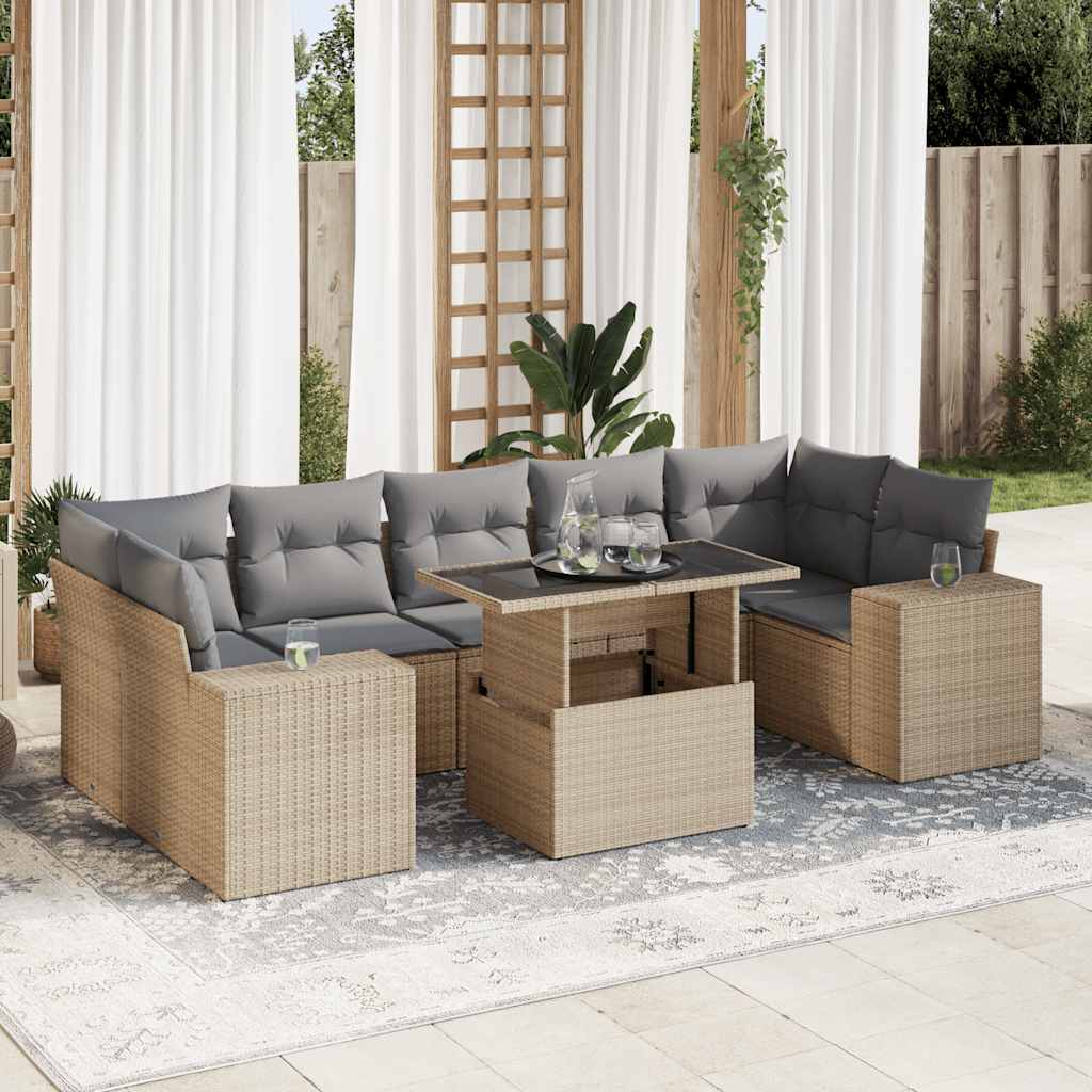 8-tlg. Garten-Sofagarnitur mit Kissen Schwarz Poly Rattan