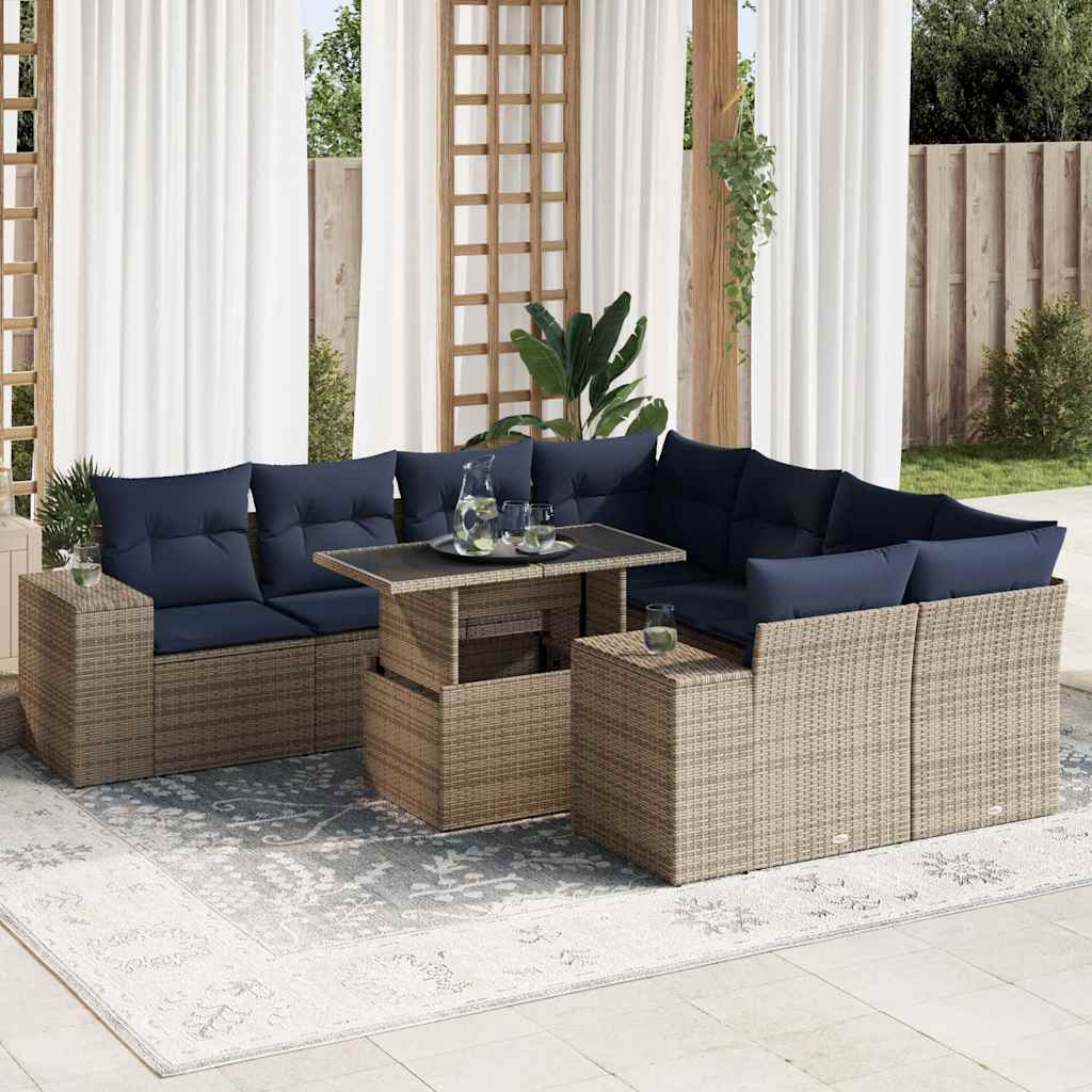 9-teiliges Gartensofa-Set mit Kissen, schwarzes Polyrattan