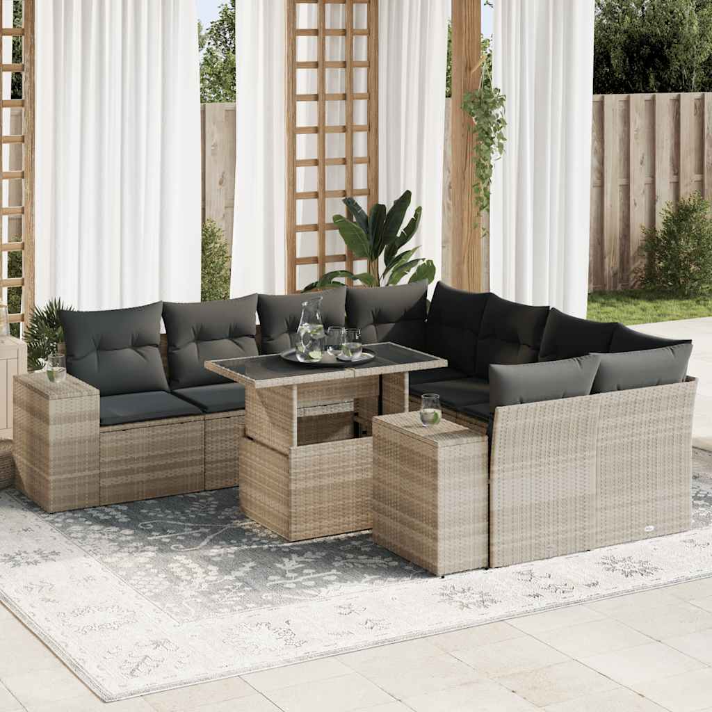 9-tlg. Garten-Sofagarnitur mit Kissen Schwarz Poly Rattan