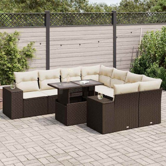 9-tlg. Garten-Sofagarnitur mit Kissen Schwarz Poly Rattan