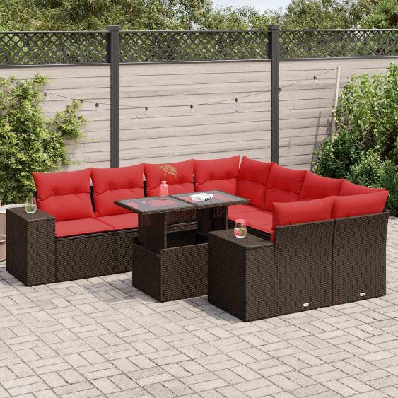 9-teiliges Gartensofa-Set mit Kissen, schwarzes Polyrattan