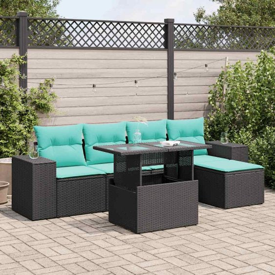 6-teiliges Gartensofa-Set mit Kissen, schwarzes Polyrattan