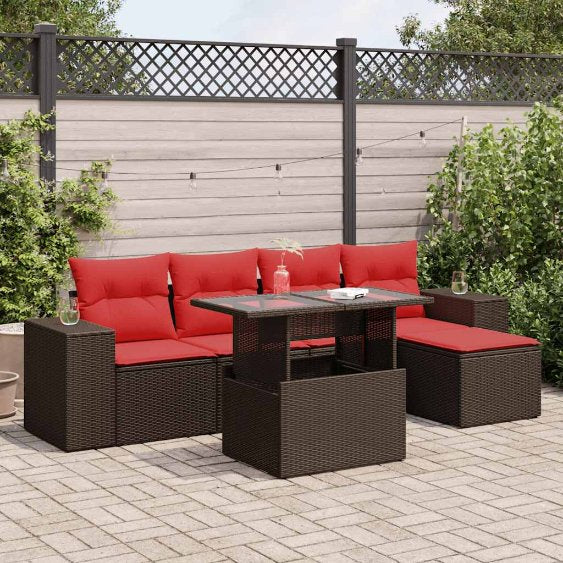 6-teiliges Gartensofa-Set mit Kissen, schwarzes Polyrattan
