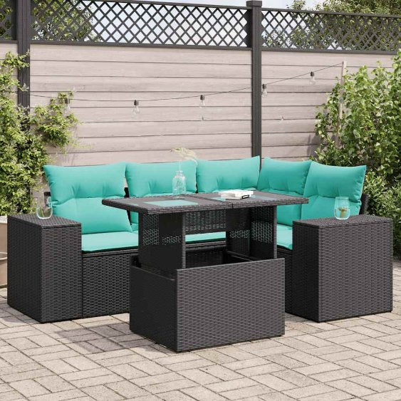 5-teiliges Gartensofa-Set mit Kissen, schwarzes Polyrattan