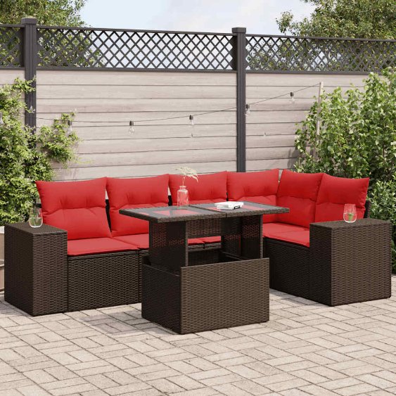 6-teiliges Gartensofa-Set mit Kissen, schwarzes Polyrattan