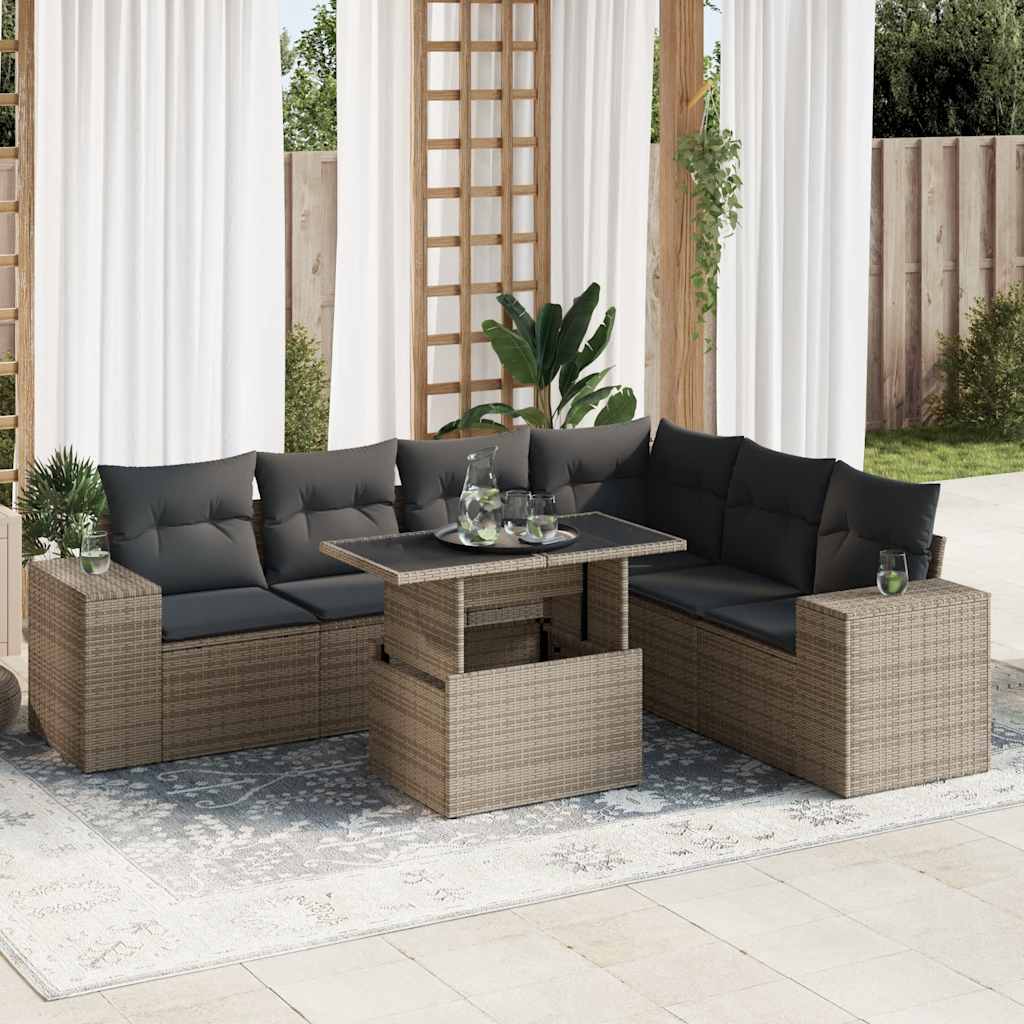 7-tlg. Garten-Sofagarnitur mit Kissen Schwarz Poly Rattan