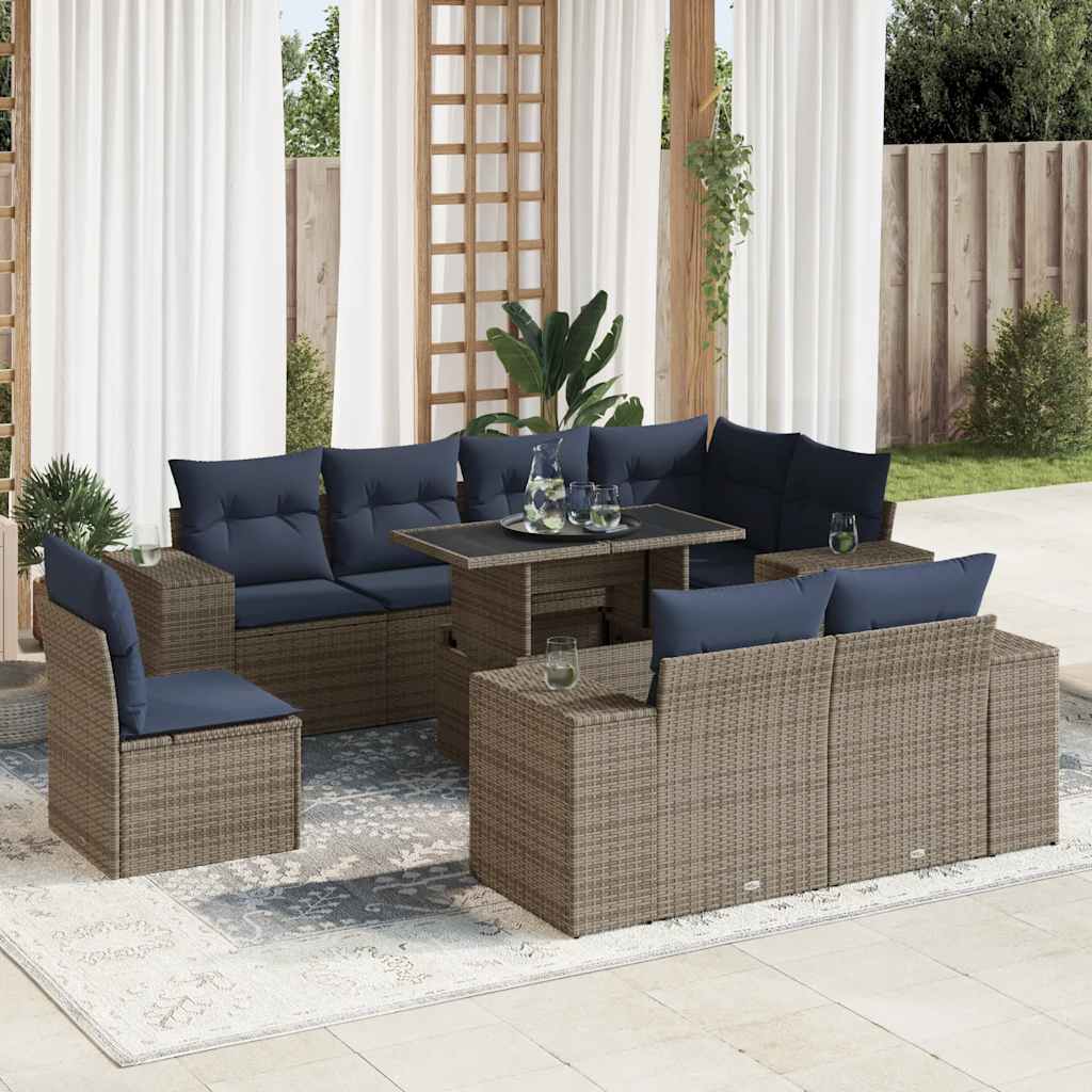 9-teiliges Gartensofa-Set mit Kissen, schwarzes Polyrattan