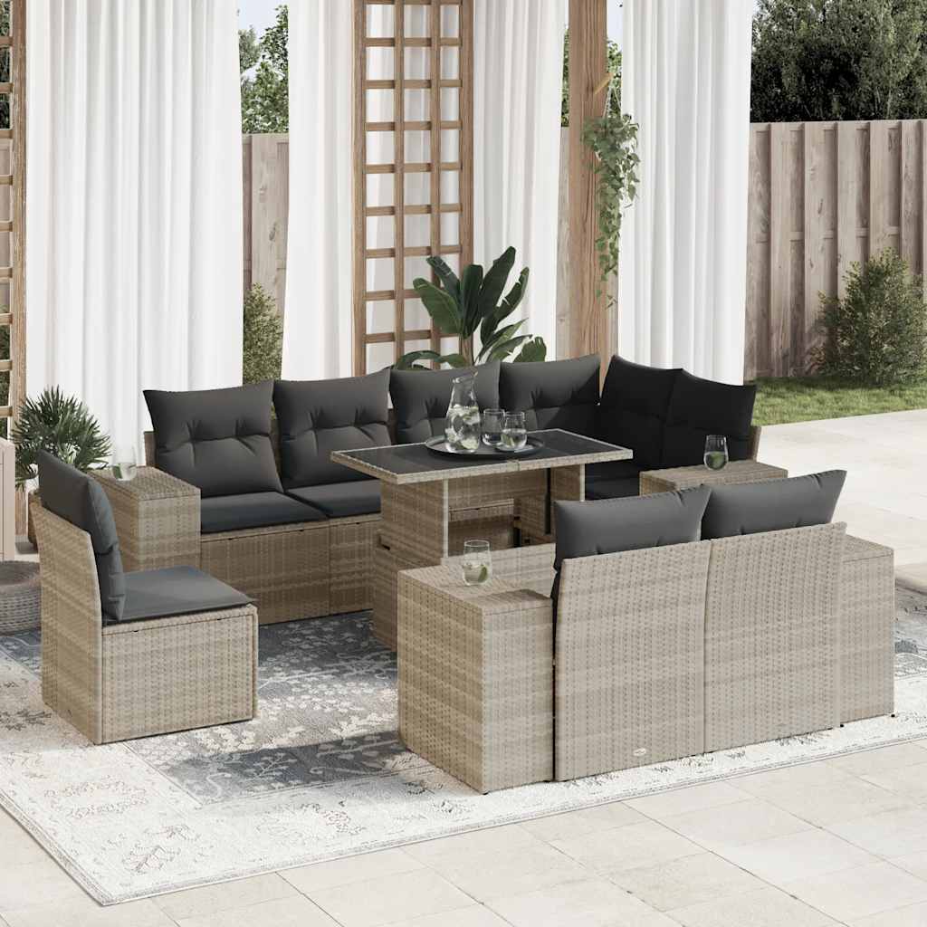 9-tlg. Garten-Sofagarnitur mit Kissen Schwarz Poly Rattan
