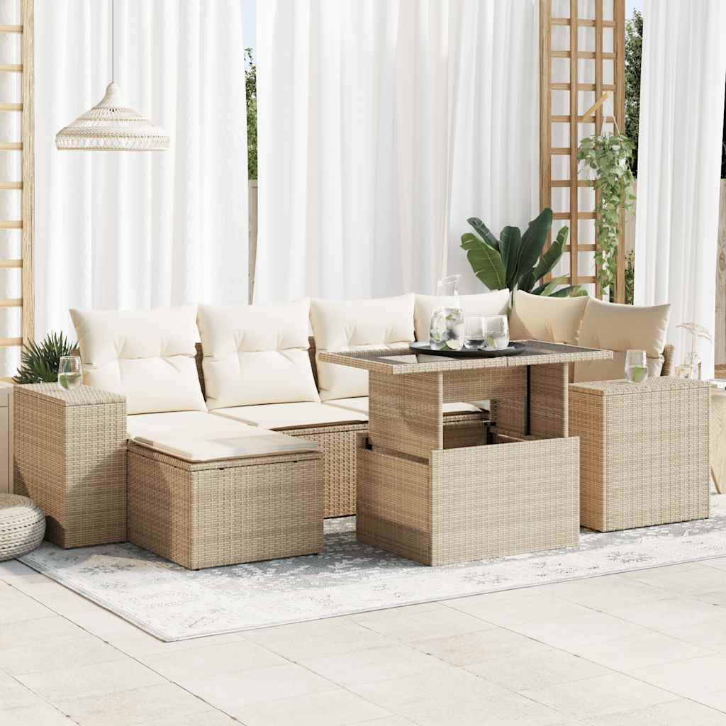 7-tlg. Garten-Sofagarnitur mit Kissen Schwarz Poly Rattan