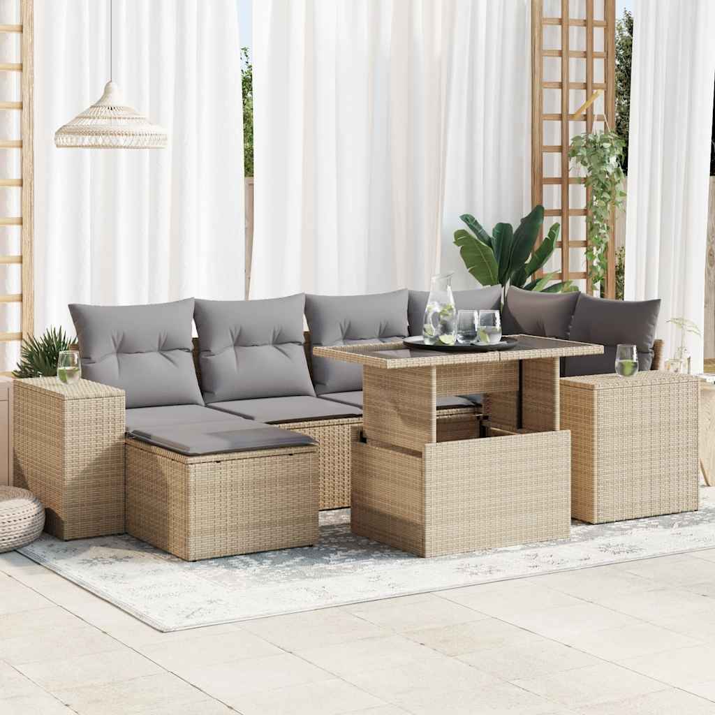 7-tlg. Garten-Sofagarnitur mit Kissen Schwarz Poly Rattan