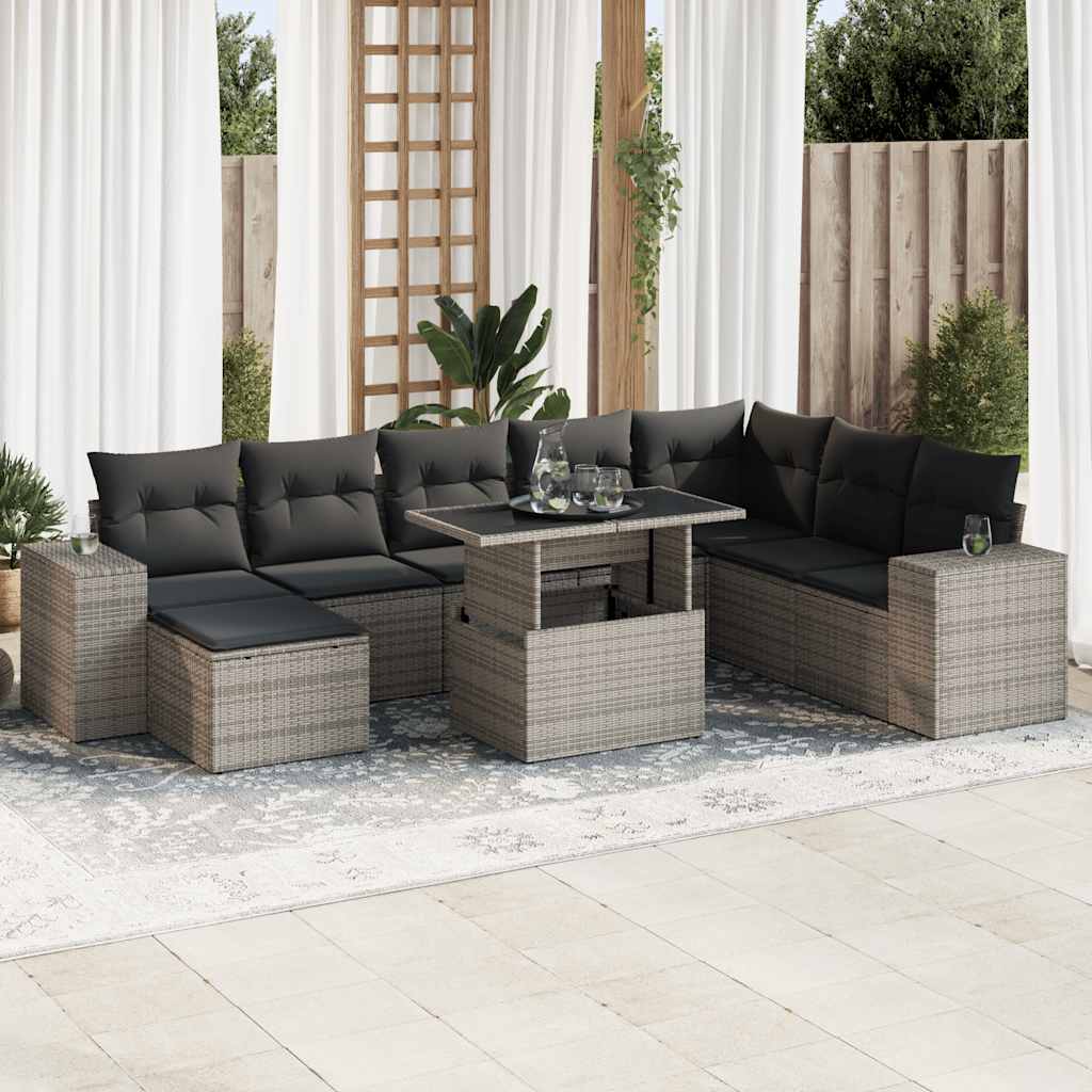 9-tlg. Garten-Sofagarnitur mit Kissen Schwarz Poly Rattan
