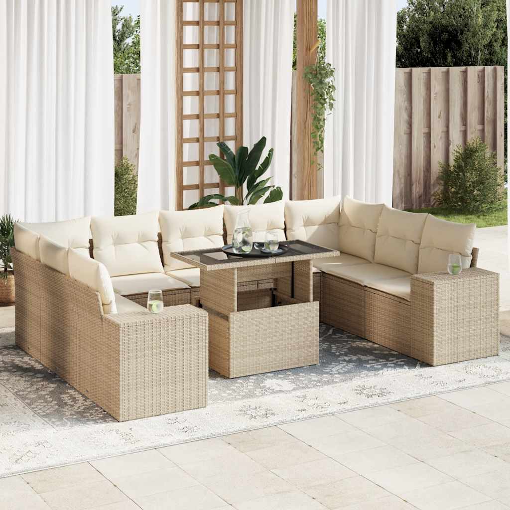 vidaXL 10-tlg. Garten-Sofagarnitur mit Kissen Schwarz Poly Rattan