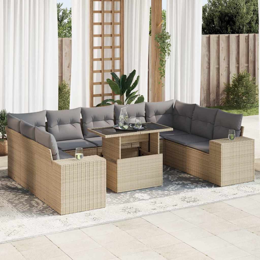 vidaXL 10-tlg. Garten-Sofagarnitur mit Kissen Schwarz Poly Rattan