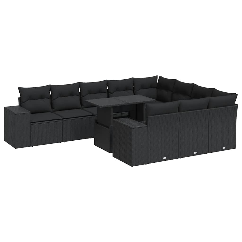 vidaXL 11-tlg. Garten-Sofagarnitur mit Kissen Schwarz Poly Rattan