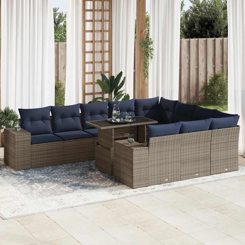 vidaXL 11-tlg. Garten-Sofagarnitur mit Kissen Grau Poly Rattan Akazie