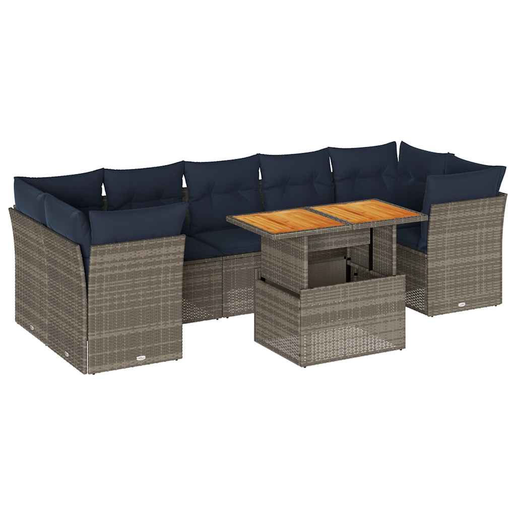 8-tlg. Garten-Sofagarnitur mit Kissen Grau Poly Rattan
