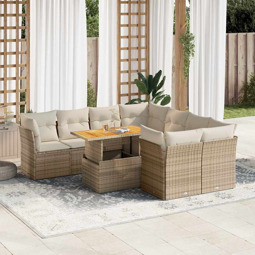 9-tlg. Garten-Sofagarnitur mit Kissen Schwarz Poly Rattan