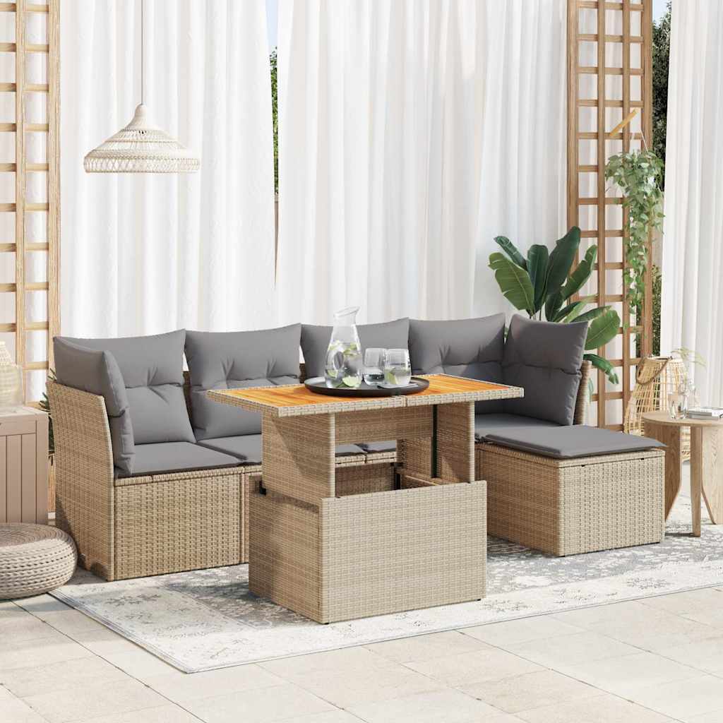 6-tlg. Garten-Sofagarnitur mit Kissen Schwarz Poly Rattan